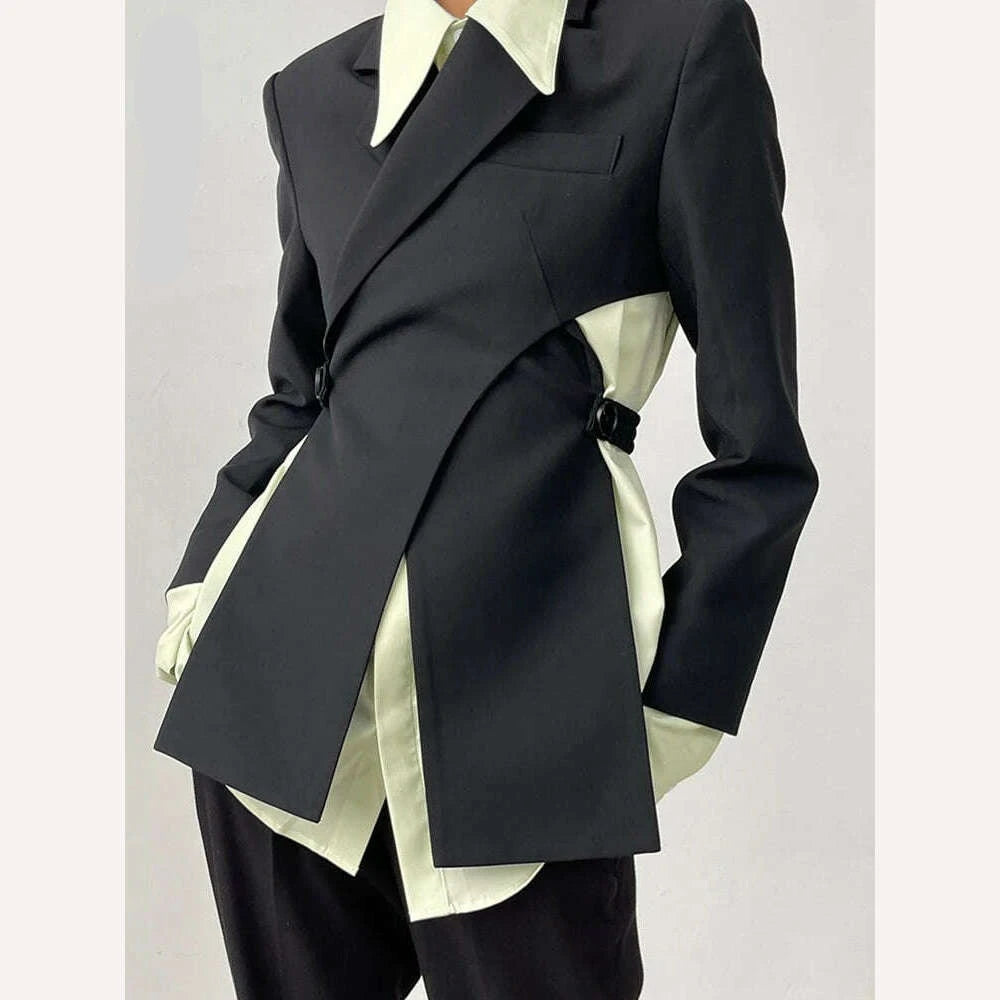 [LANMREM] Irregular Backless Design Blazer For Women Notched Long Sleeve Solid Elegant Jackets Female Clothing 2024 Spring New - KIMLUD