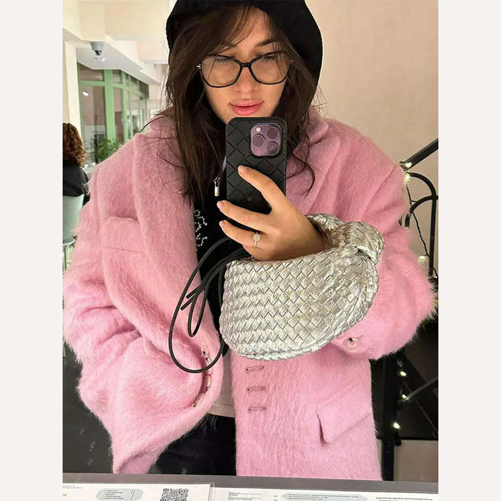 Lapel Woolen Plush Pink Coats For Women Loose Long Sleeve Single Breasted Oversized Jacket Autumn Winter Female Short Coat - KIMLUD