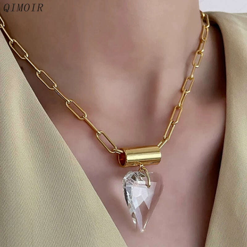 KIMLUD, Large Glass Heart Necklace For Women Metal Link Chain Pendant Fancy Fashion Jewelry Trendy New Designs Girls' Gifts Party C1325, KIMLUD Womens Clothes