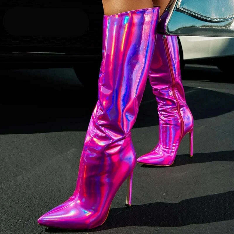 KIMLUD, Liyke Sexy Party Nightclub Stripper Knee High Boots Female Green Smooth Patent Leather Pointed Toe Heels Women Shoes Zip Booties, KIMLUD Womens Clothes