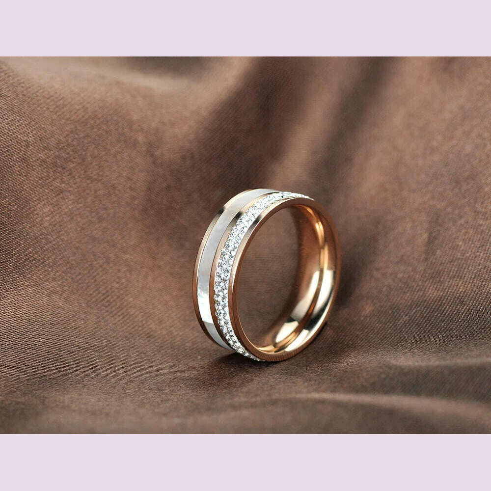 KIMLUD, Lokaer Rose Gold Color White Rhinestone Shell Wedding Rings Jewelry 316L Stainless Steel Engagement Ring For Women Кольцо R18050, KIMLUD Womens Clothes