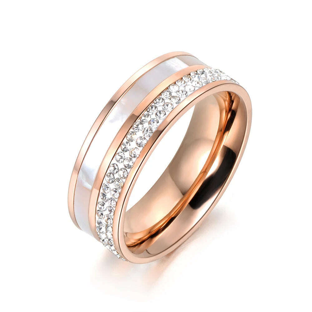 KIMLUD, Lokaer Rose Gold Color White Rhinestone Shell Wedding Rings Jewelry 316L Stainless Steel Engagement Ring For Women Кольцо R18050, R18050R / 9, KIMLUD APPAREL - Womens Clothes