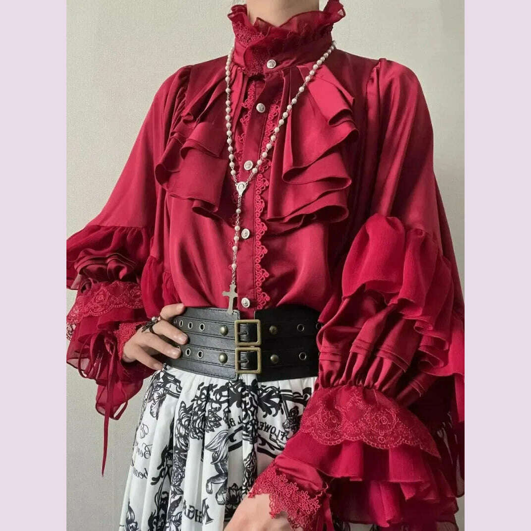 KIMLUD, Lolita Gothic Style Batwing Sleeve Shirt Loose Spring and Autumn Ladies Elegant Red and Black Shirt Solid 2025 New Color Blouses, KIMLUD Womens Clothes