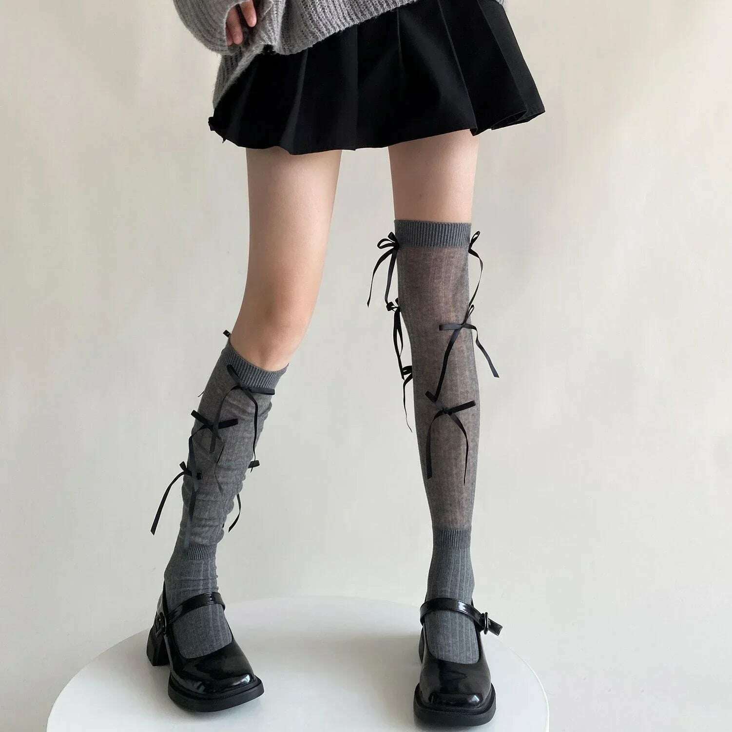 Lolita Long Socks Stockings Women JK Sweet Girls Kawaii Knee High Socks Ballet Style Bandage Bowknot Thigh High Socks Stockings - KIMLUD
