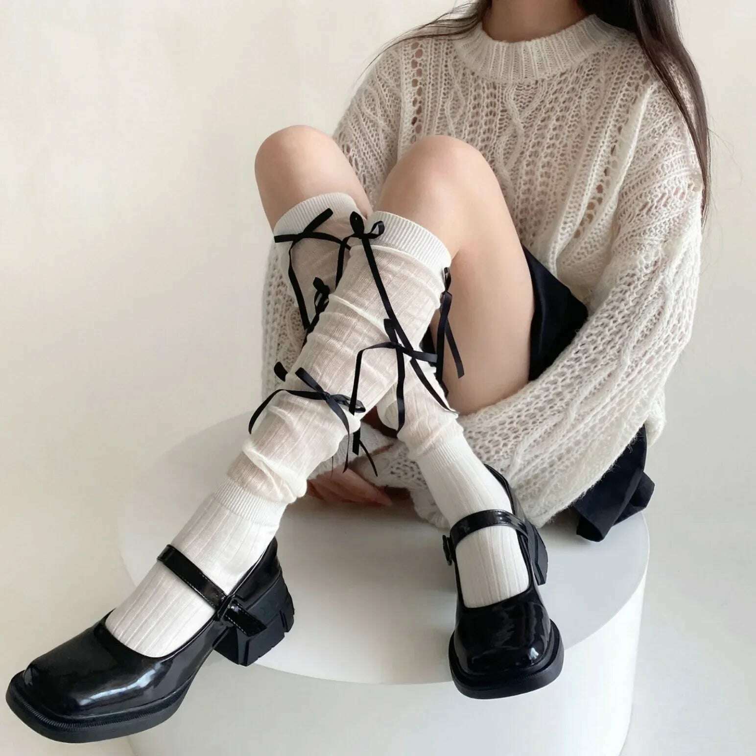 Lolita Long Socks Stockings Women JK Sweet Girls Kawaii Knee High Socks Ballet Style Bandage Bowknot Thigh High Socks Stockings - KIMLUD