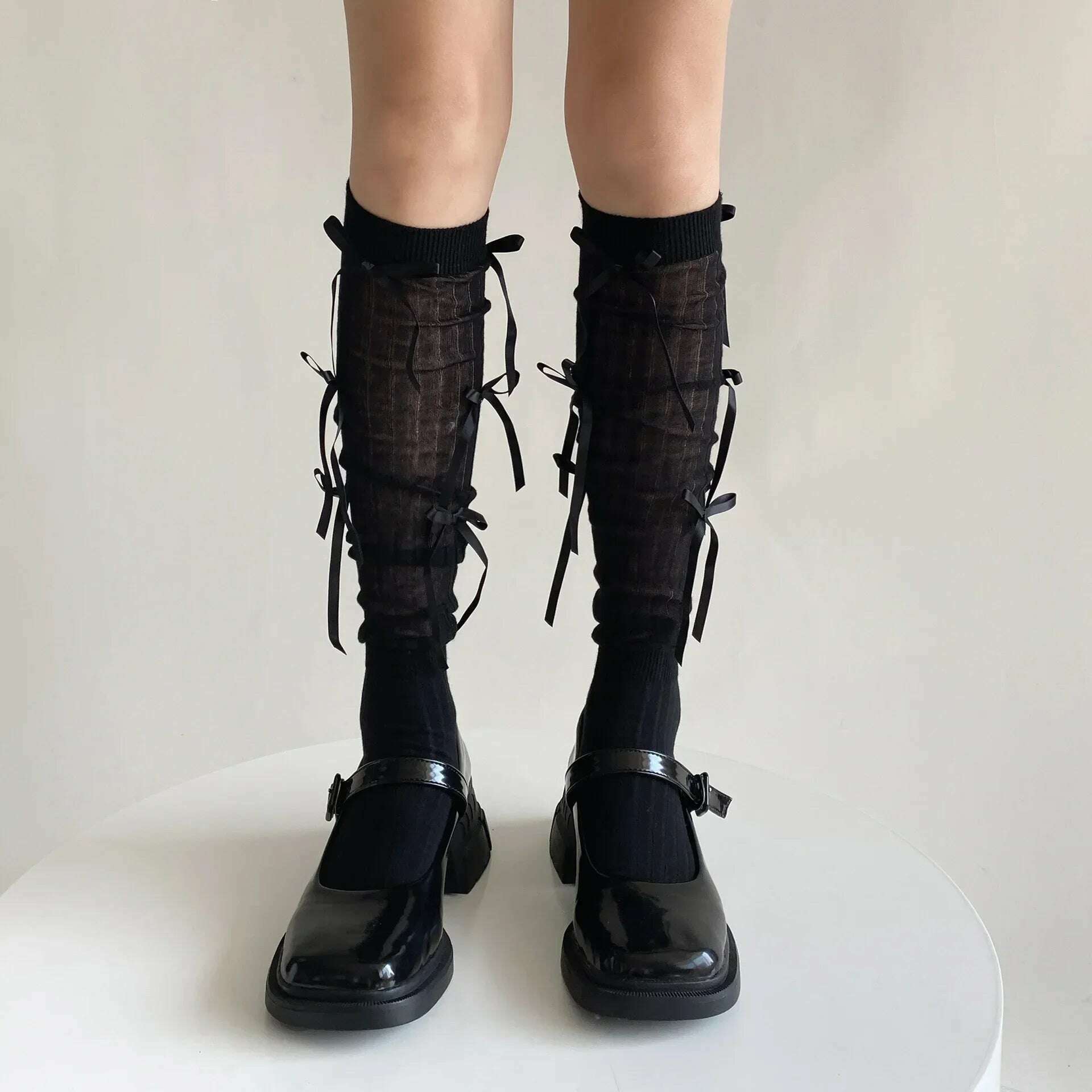 Lolita Long Socks Stockings Women JK Sweet Girls Kawaii Knee High Socks Ballet Style Bandage Bowknot Thigh High Socks Stockings - KIMLUD