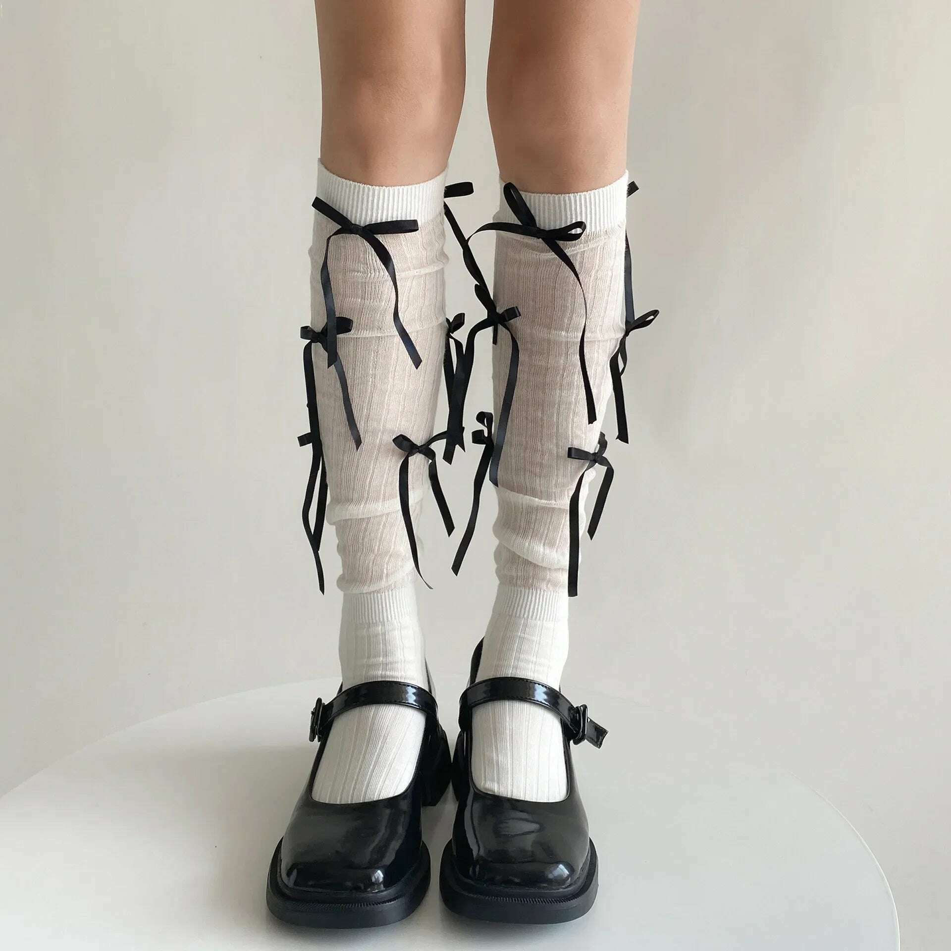Lolita Long Socks Stockings Women JK Sweet Girls Kawaii Knee High Socks Ballet Style Bandage Bowknot Thigh High Socks Stockings - KIMLUD
