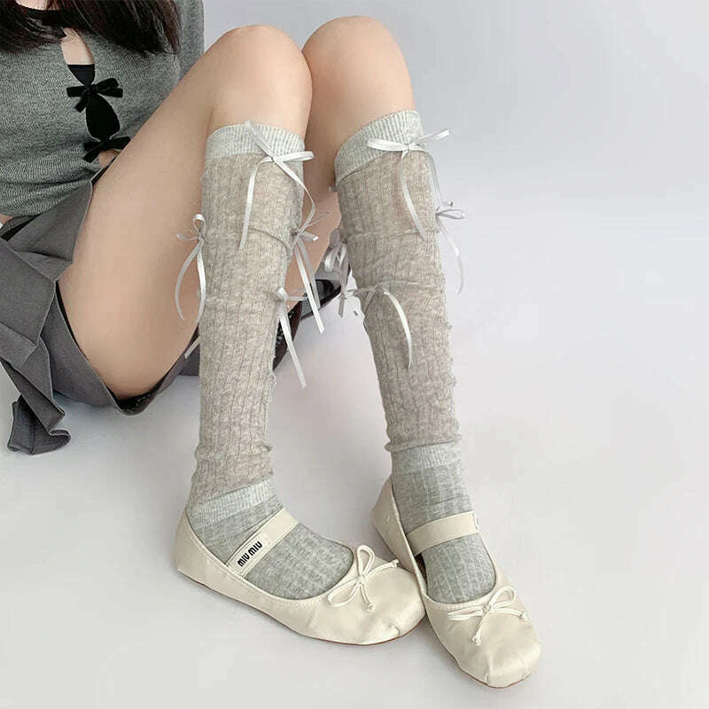 Lolita Long Socks Stockings Women JK Sweet Girls Kawaii Knee High Socks Ballet Style Bandage Bowknot Thigh High Socks Stockings - KIMLUD