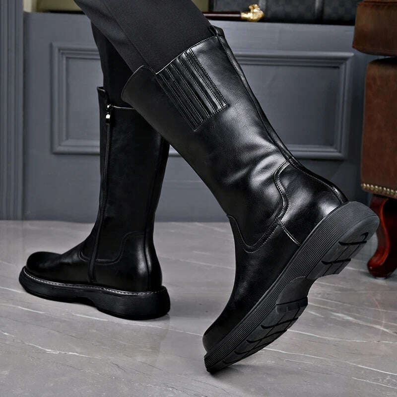 Long Boots Men's High Barrel Genuine Leather Knight Thick Sole Vintage High Top Denim Martin Soft Leather Plush Elevated Horse - KIMLUD