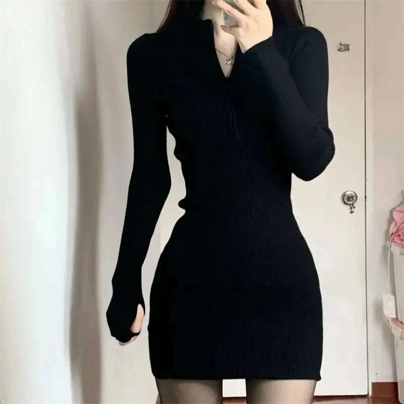 KIMLUD, Long Sleeve Dresses for Women Black Sexy Club Bodycon Mini Dress Y2k High Waist Ladies Korean Short Dress Basic Autumn Winter, KIMLUD Womens Clothes