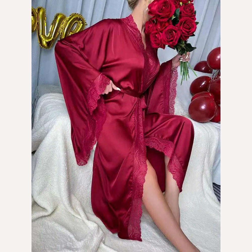 Long Solid Kimono Robe Women Sexy Lace Patchwork Bathrobe Gown Flare Sleeve Sleepwear Nightwear Bride Wedding Robes Loungewear - KIMLUD