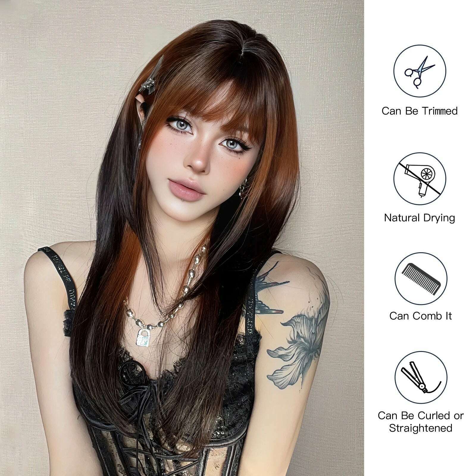 Long Straight Ginger Copper to Brown Ombre Cosplay Hair Wig Long Layered Synthetic Wigs with Bangs for White Women Korean Use - KIMLUD