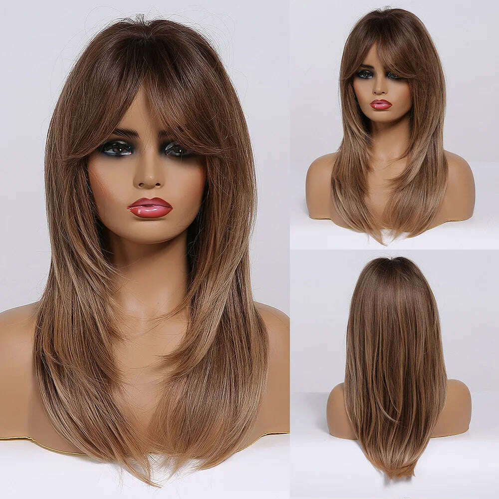 Long Straight Ginger Copper to Brown Ombre Cosplay Hair Wig Long Layered Synthetic Wigs with Bangs for White Women Korean Use - KIMLUD
