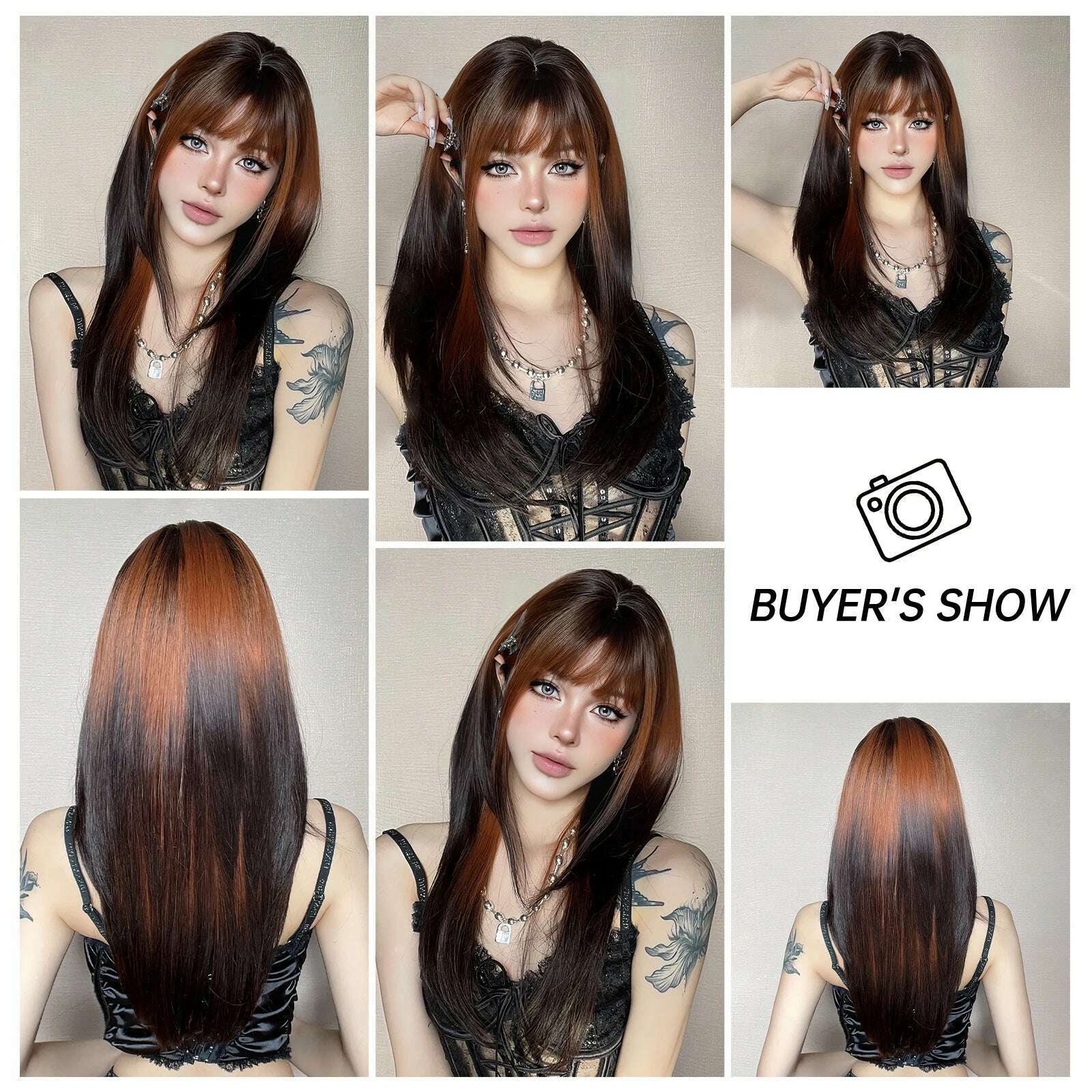 Long Straight Ginger Ombre Brown Black Synthetic Wigs Cosplay Wig with Bang for Women Afro Party Lolita Use Heat Resistant Fibre - KIMLUD