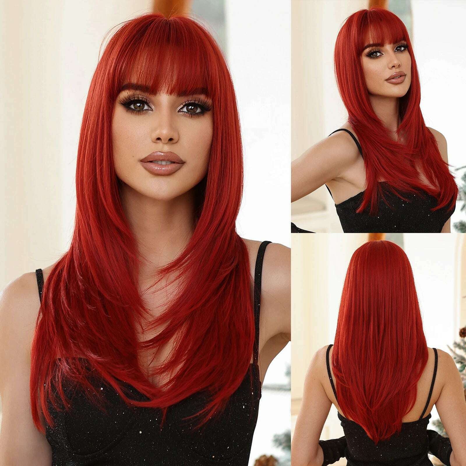 Long Straight Ginger Ombre Brown Black Synthetic Wigs Cosplay Wig with Bang for Women Afro Party Lolita Use Heat Resistant Fibre - KIMLUD
