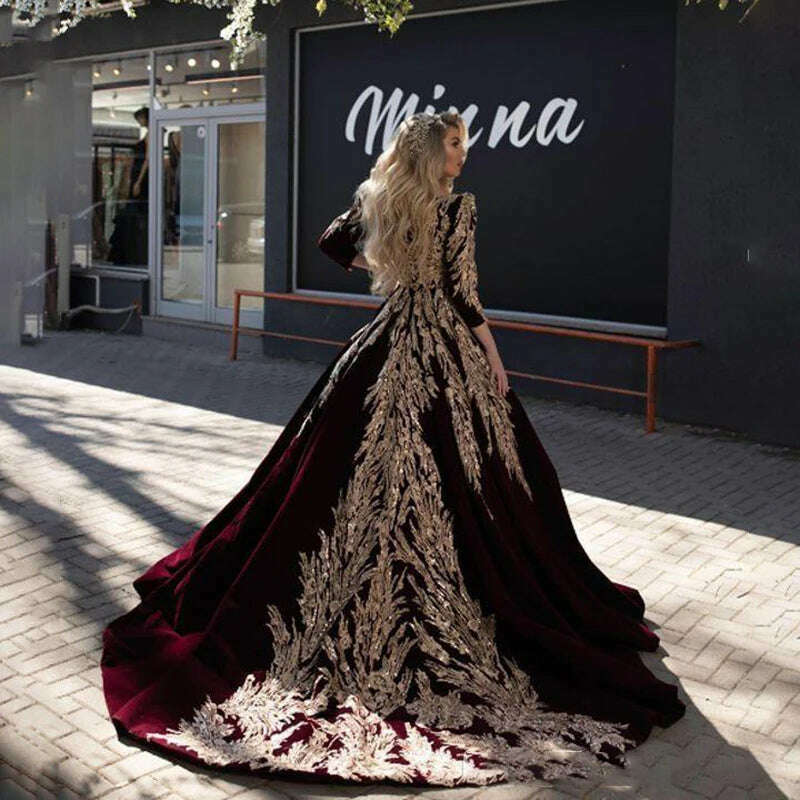 KIMLUD, LORIE Ball Gown Formal Burgundy Evening Dresses Gold Lace Appliqued Dubai Arabic Celebrity V Neck Long Sleeve Pageant Prom Gowns, KIMLUD Womens Clothes