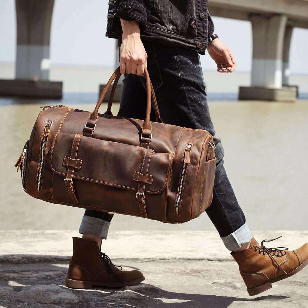 Luufan Genuine Leather Men's Travel Bag With Shoe Pocket Retro Crazy Horse Leather Big Capacity Luggag Bag Business Trip Handbag - KIMLUD