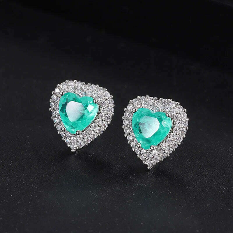 KIMLUD, Luxury 925 Sterling Silver Paraiba Heart Necklace Earrings Ring for Women Girl Wedding Dinner Party Jewelry Set Anniversary Gift, only Earring, KIMLUD APPAREL - Womens Clothes