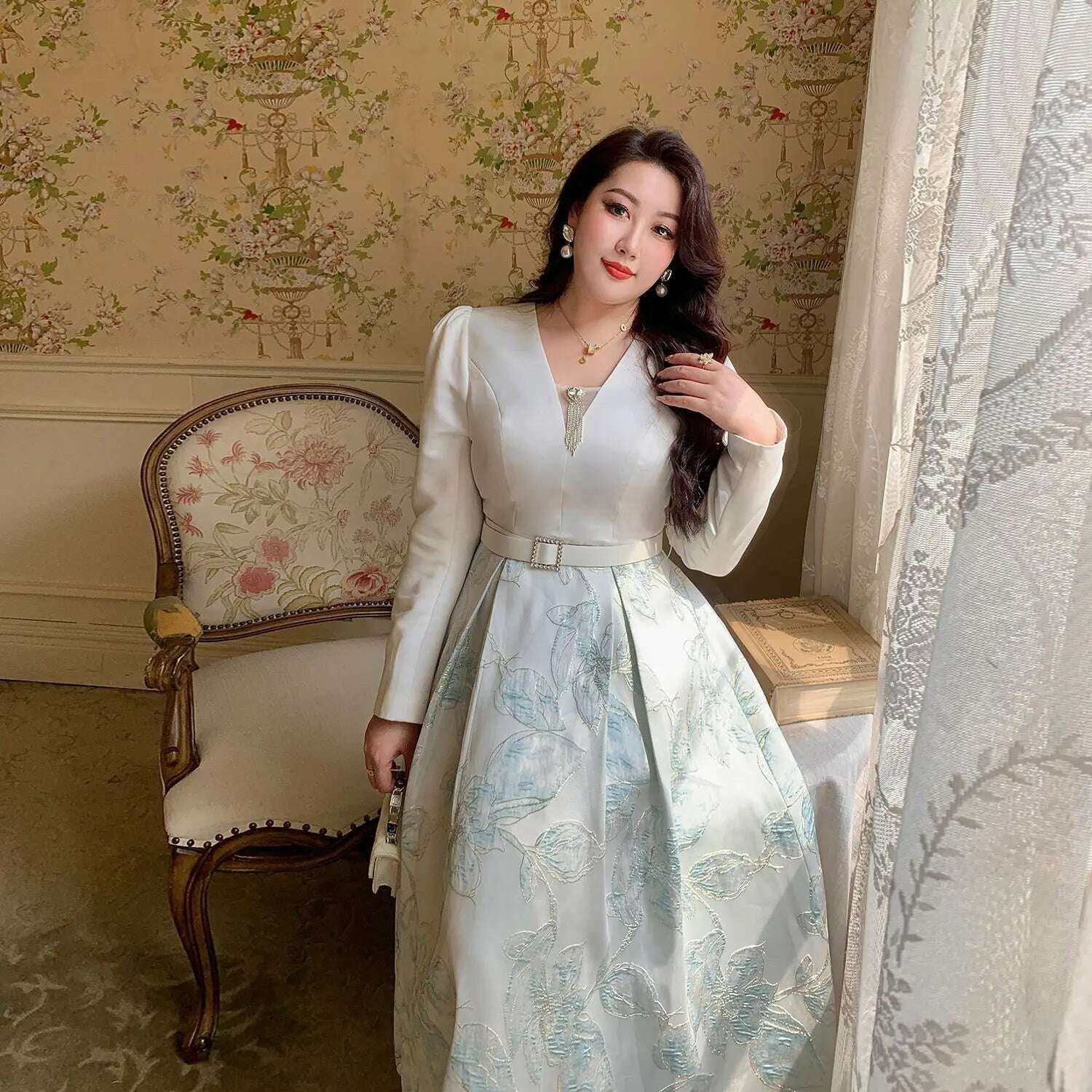 KIMLUD, Luxury Big Size Jacquard Dress With Belt Occasion V-Neck Brocade Dress Women Long Sleeve Party Evening Clothing Ball Gown, AS PICTURE / 5XL, KIMLUD APPAREL - Womens Clothes