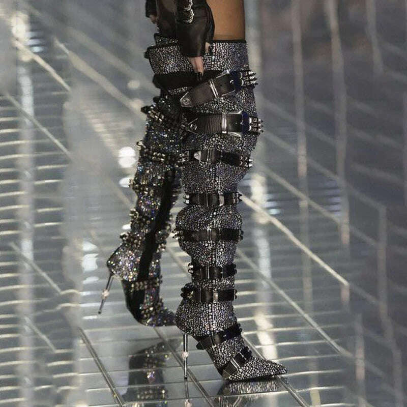 Luxury Crystal Thigh High Boots Women Belt Buckle Design Rhinestones Over The Knee Boots Sexy Pointed Toe Bling Bling Shoes - KIMLUD