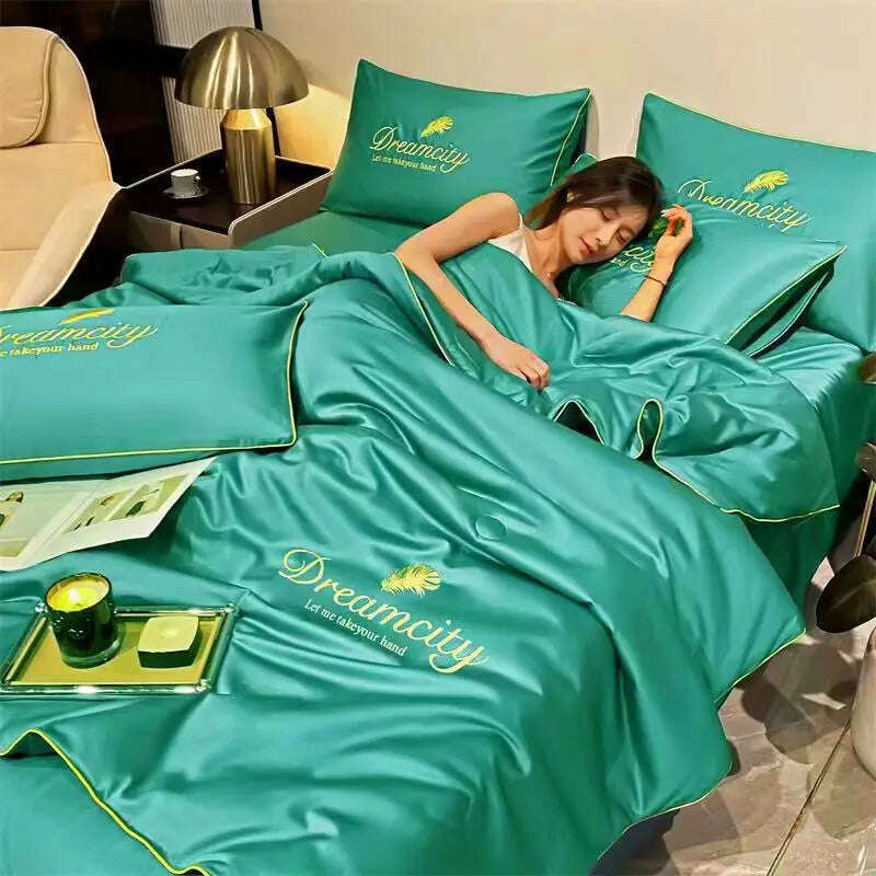 Luxury Embroidery Summer Simple Cool Ice Silk Quilt Breathable Queen Quilts Cooling Comforter Bedding Sets Ice Rayon Blanket - KIMLUD