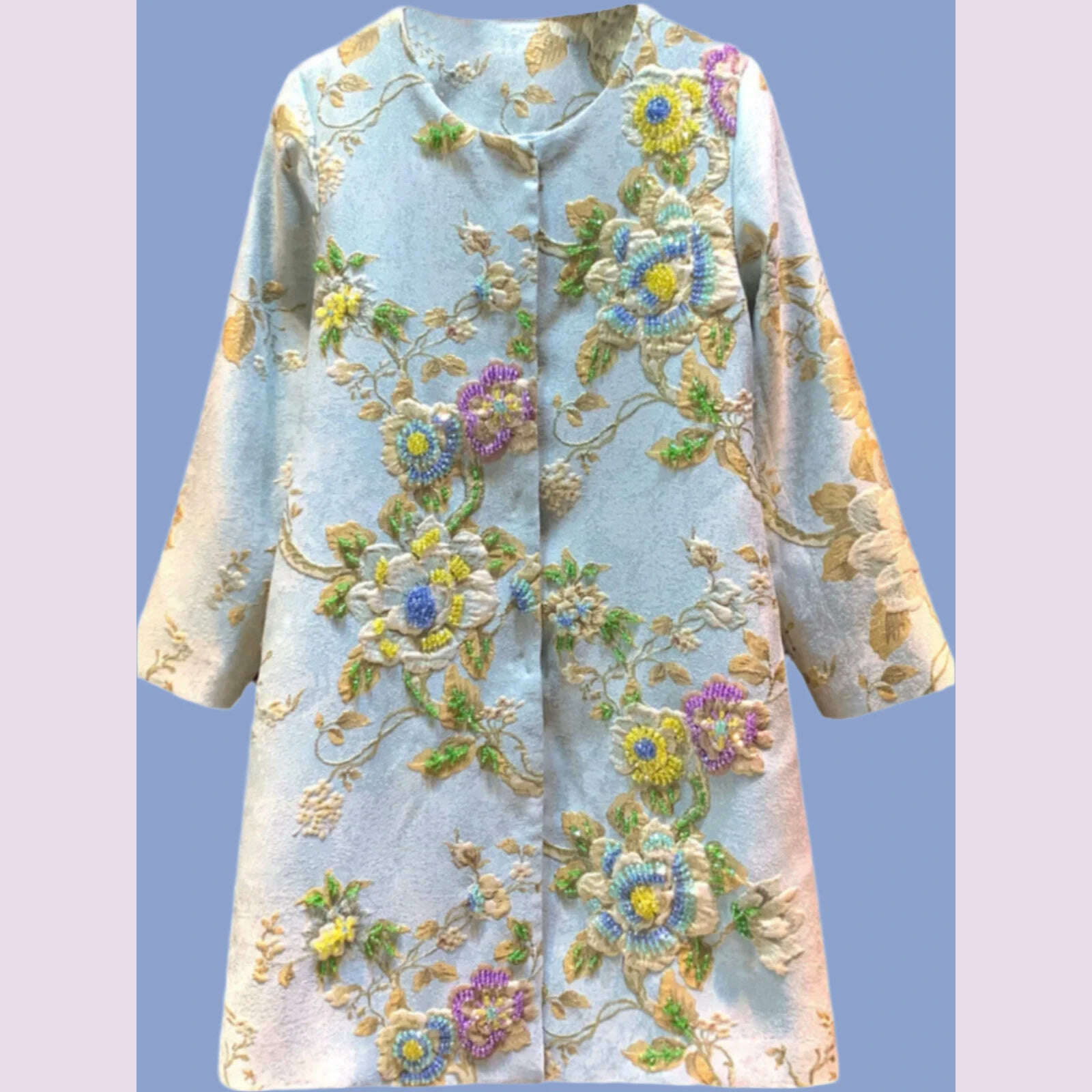 Luxury Lady Vintage Autumn Embroidery Jacket Women Floral Beading Long Coat Covered Button Outwear Trench O-neck - KIMLUD