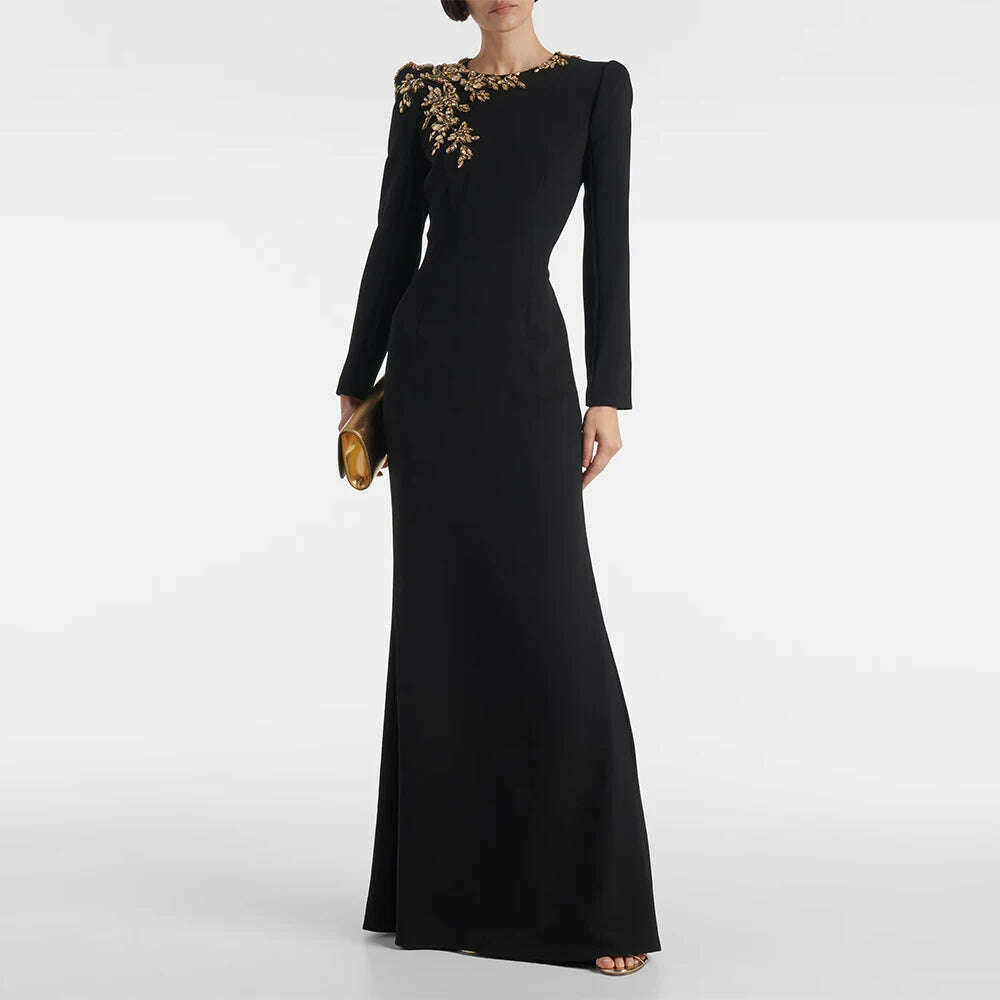KIMLUD, Luxury Mermaid Evening Dress Black Long Sleeves Crystals O Neck Evening Gowns for Women 2024 Trumpet Elegant Wedding Party Dress, KIMLUD Womens Clothes