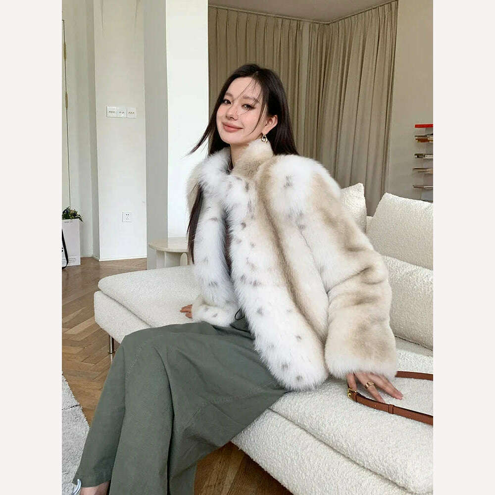 Luxury Tie-dye Fluffy Real Fur Coat for Women 2024 New High-end Simple Stand Collar Genuine Leather Fox Fur Jacket Winter - KIMLUD