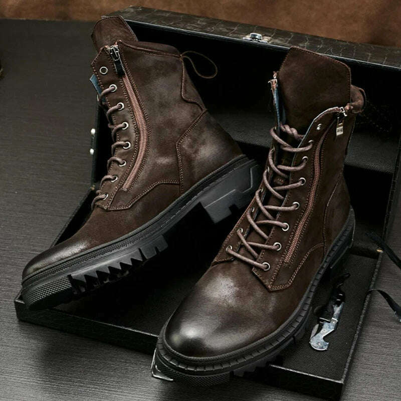 Luxury Vintage Men Motorcycle Boots Genuine Leather Lace-up Ankle Outdoor Work Shoes Military Boots Anti-slip Wear-resistant 3A - KIMLUD