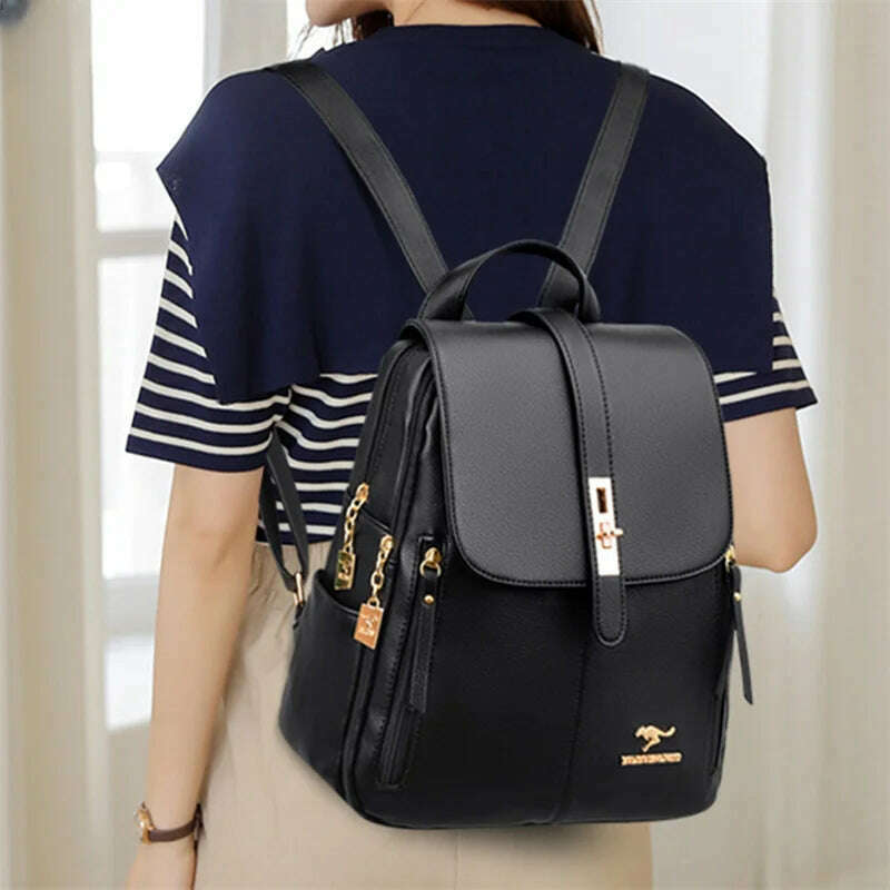 Luxury Women Leather Backpacks for Girls Sac A Dos Casual Daypack Black Vintage Backpack School Bags for Girls Mochila Rucksack - KIMLUD