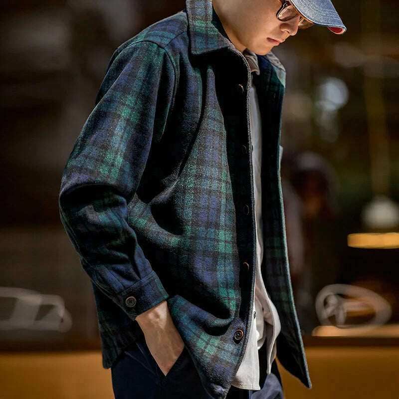 Maden American Retro Blue Green Plaid Wool Jacket Loose Thick Plaid Shirt Jacket Men's Coat Clothing Spring And Autumn - KIMLUD