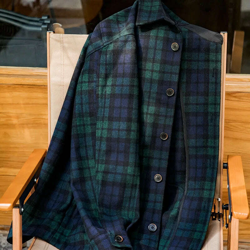 Maden American Retro Blue Green Plaid Wool Jacket Loose Thick Plaid Shirt Jacket Men's Coat Clothing Spring And Autumn - KIMLUD