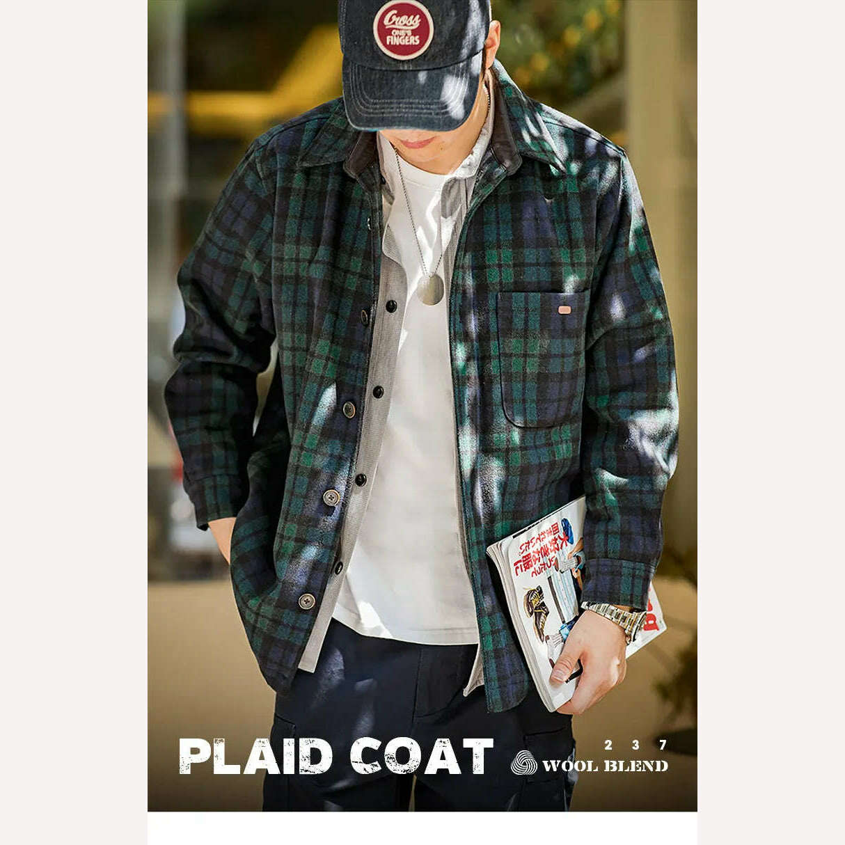 Maden American Retro Blue Green Plaid Wool Jacket Loose Thick Plaid Shirt Jacket Men's Coat Clothing Spring And Autumn - KIMLUD