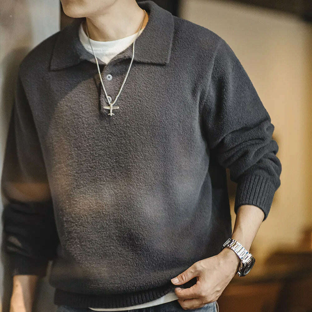 Maden Vintage Arctic Feece Polo Sweater 2023 Autumn Winter Army Green Warm Knit Pullover Men's Solid Color Heavyweight Jumper - KIMLUD