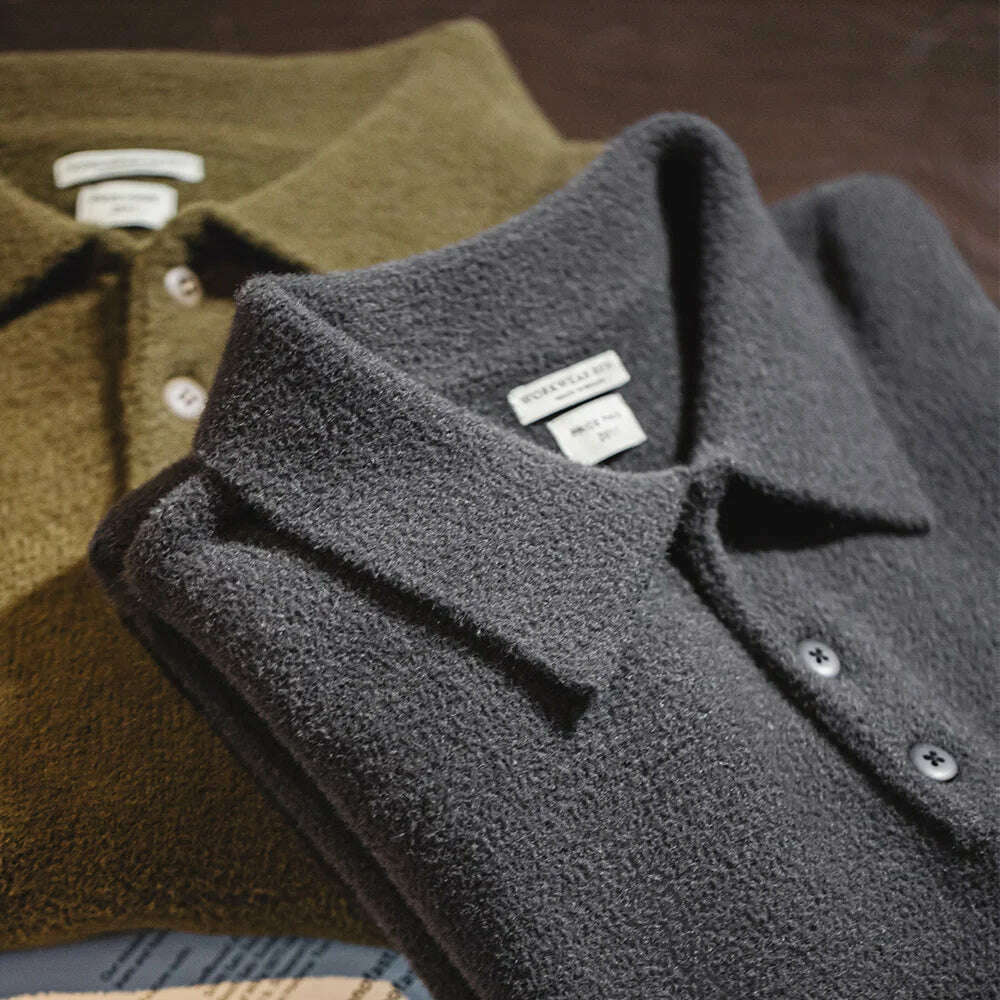 Maden Vintage Arctic Feece Polo Sweater 2023 Autumn Winter Army Green Warm Knit Pullover Men's Solid Color Heavyweight Jumper - KIMLUD