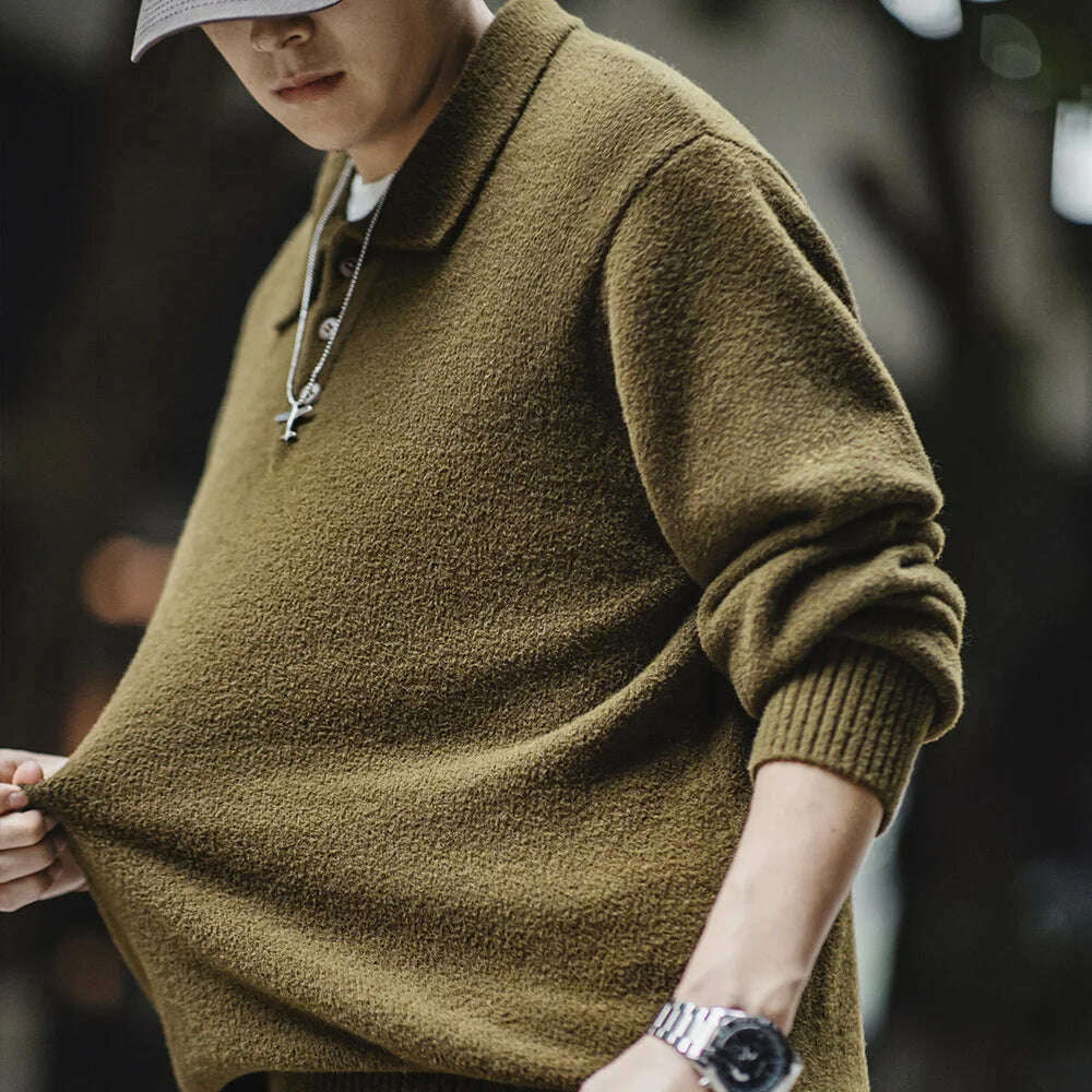 Maden Vintage Arctic Feece Polo Sweater 2023 Autumn Winter Army Green Warm Knit Pullover Men's Solid Color Heavyweight Jumper - KIMLUD