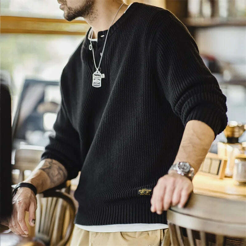 Maden Vintage Black Knitted Henley Pullover Men's Amekaji Vertical Stripes Sweater 2023 Winter Warm Jumper Brand Clothing - KIMLUD
