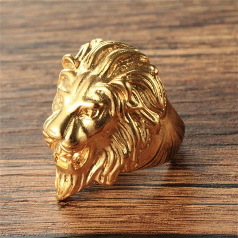 KIMLUD, Male ring fashion electroplating golden lion titanium steel ring, 12, KIMLUD Womens Clothes