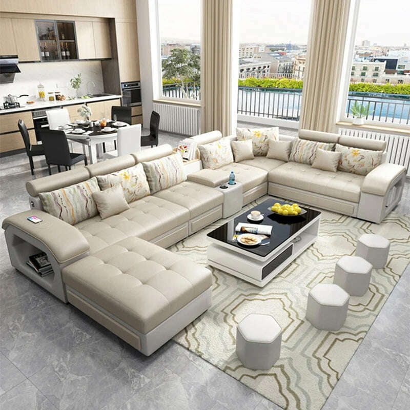 MANBAS Fabric Sofa Set Furniture Living Room Sofa Set with USB and Stools / Big U Shape Cloth Couch Sofas for Home Furniture - KIMLUD