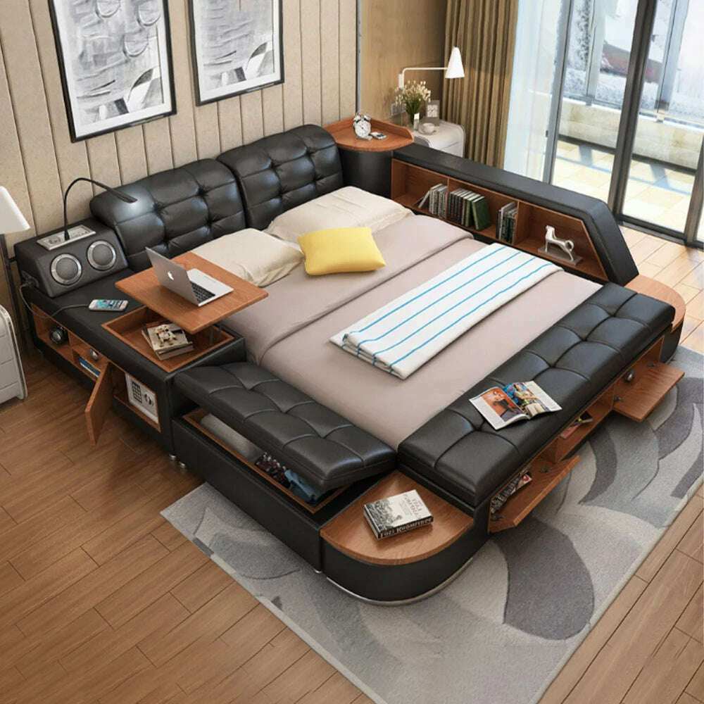 MANBAS Tech Smart Bed Frame | Multifunctional Ultimate Bed with Tatami,Bluetooth and Speaker | Genuine Leather Upholstered Camas - KIMLUD