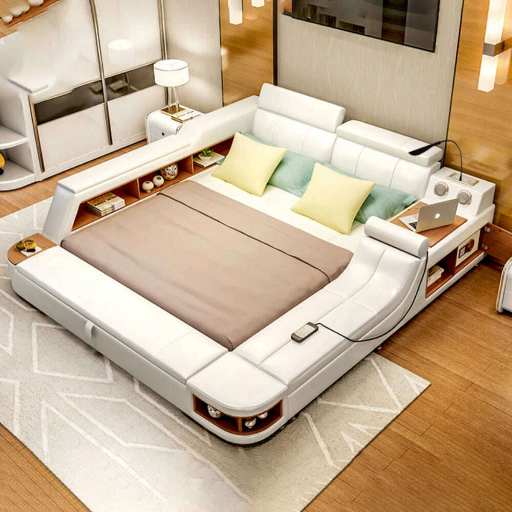 MANBAS Tech Smart Genuine Leather Bed | Multifunctional Ultimate Beds | Massage Tatami Bed with Speaker, USB | Upholstered Lit - KIMLUD