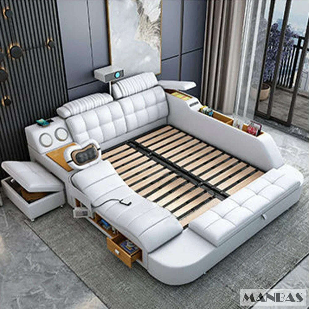 MANBAS Tech Smart Genuine Leather Bed | Multifunctional Ultimate Beds | Massage Tatami Bed with Speaker, USB | Upholstered Lit - KIMLUD