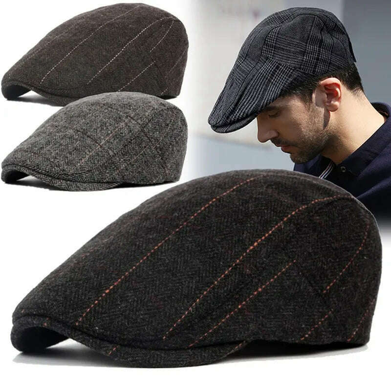 Men Classic Plaid Stripe Newsboy Cap for Male Winter Cotton Flat Ivy Vintage Gatsbay Hat Irish Outdoor Cabbie Beret Painter Hat - KIMLUD