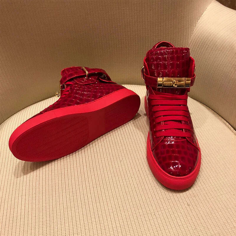 KIMLUD, Men Embossed Crocodile High Top Sneakers Lock Lace Red Flats Real Leather Designer Boots Men‘s Casual Shoes, KIMLUD Womens Clothes