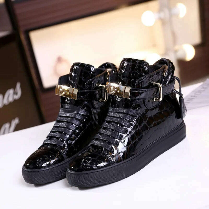 KIMLUD, Men Embossed Crocodile High Top Sneakers Lock Lace Red Flats Real Leather Designer Boots Men‘s Casual Shoes, KIMLUD Womens Clothes