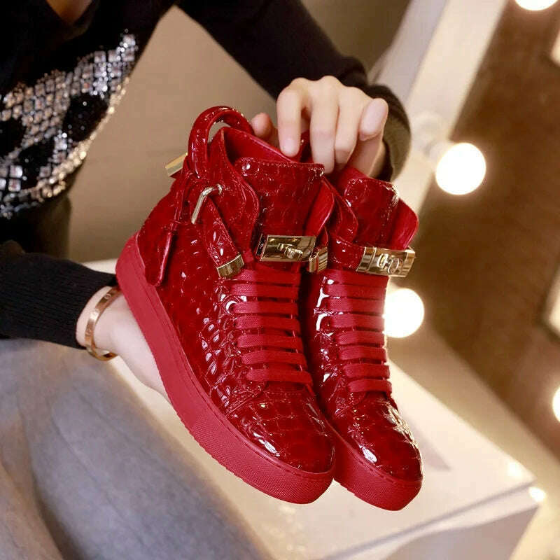 KIMLUD, Men Embossed Crocodile High Top Sneakers Lock Lace Red Flats Real Leather Designer Boots Men‘s Casual Shoes, KIMLUD Womens Clothes