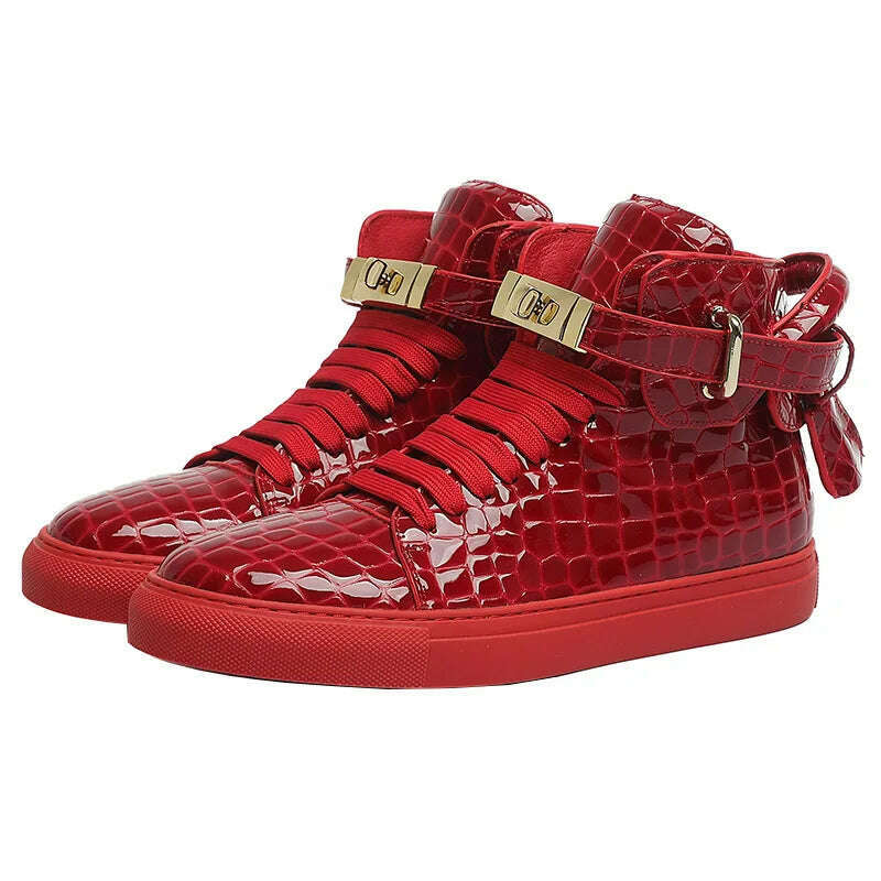 KIMLUD, Men Embossed Crocodile High Top Sneakers Lock Lace Red Flats Real Leather Designer Boots Men‘s Casual Shoes, KIMLUD Womens Clothes