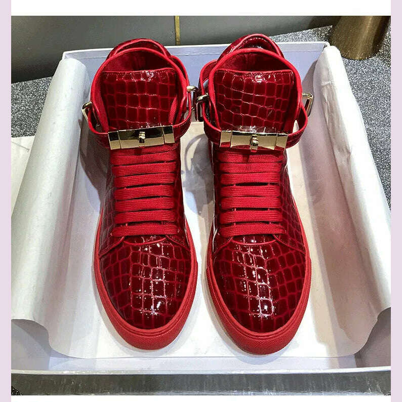 KIMLUD, Men Embossed Crocodile High Top Sneakers Lock Lace Red Flats Real Leather Designer Boots Men‘s Casual Shoes, KIMLUD Womens Clothes