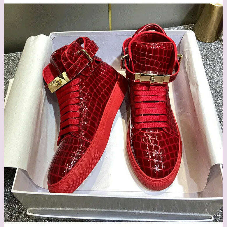 KIMLUD, Men Embossed Crocodile High Top Sneakers Lock Lace Red Flats Real Leather Designer Boots Men‘s Casual Shoes, KIMLUD Womens Clothes