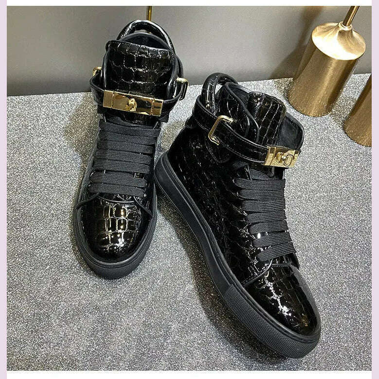 KIMLUD, Men Embossed Crocodile High Top Sneakers Lock Lace Red Flats Real Leather Designer Boots Men‘s Casual Shoes, KIMLUD Womens Clothes